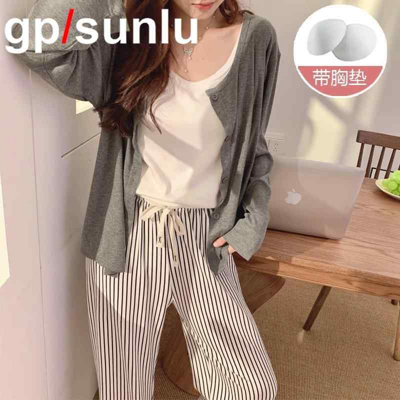 おしゃれ 伸びる 伸縮性 楽のび パジャマ　セット　スウェット GP 胸 パッド 付き 綿 パジャマ レディース 春秋 ベスト ストライプパンツ スリーピーススーツ 韓国 シンプル ホームウェア