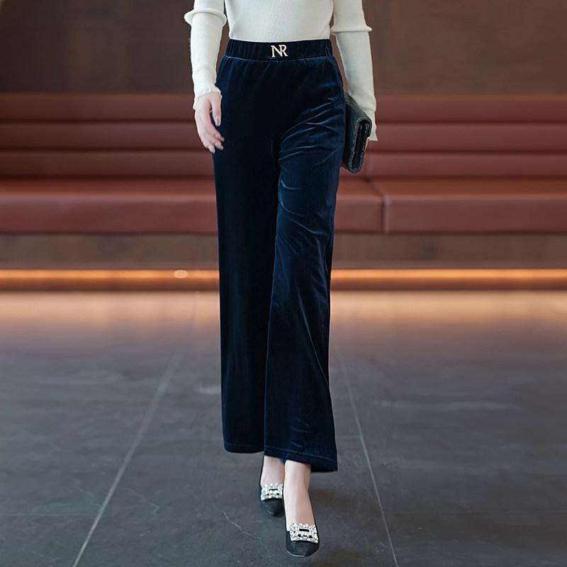 美脚 美尻 カジュアル オシャレ ボトムス　レディース　スリム ゴールド ベルベット ストレート パンツ レディース 2024 秋冬 ブラック ナロー ハイウエスト スリム ママ カジュアル ワイド レッグ