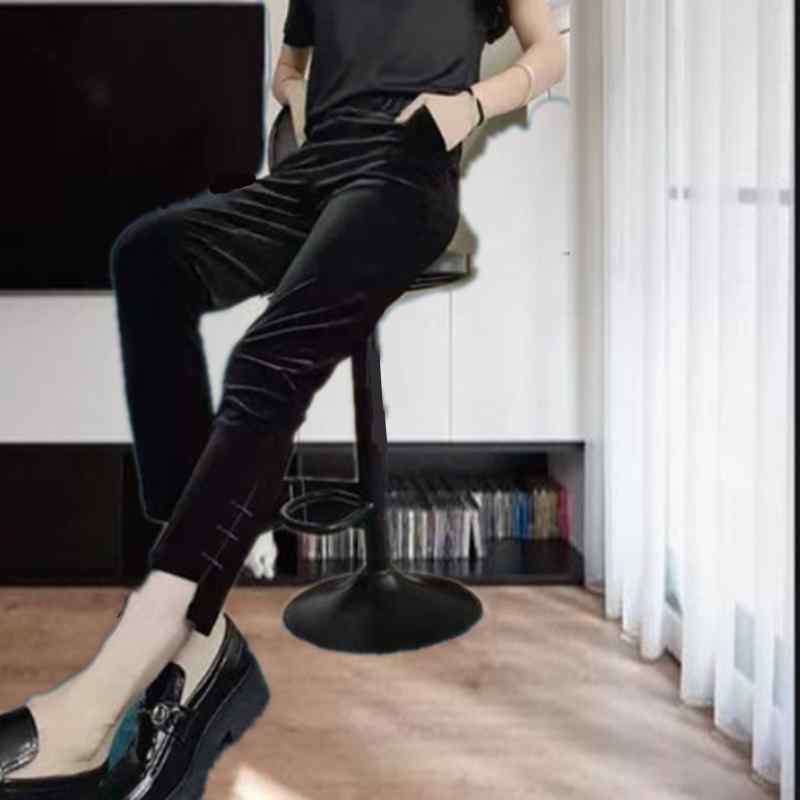 美脚 美尻 カジュアル オシャレ ボトムス　レディース　スリム 小柄な レディース ゴールド ベルベット パンツ 春秋 ハイウエスト ドレープ レディースパンツ スリム スキニー 9 ポイント カジュアル