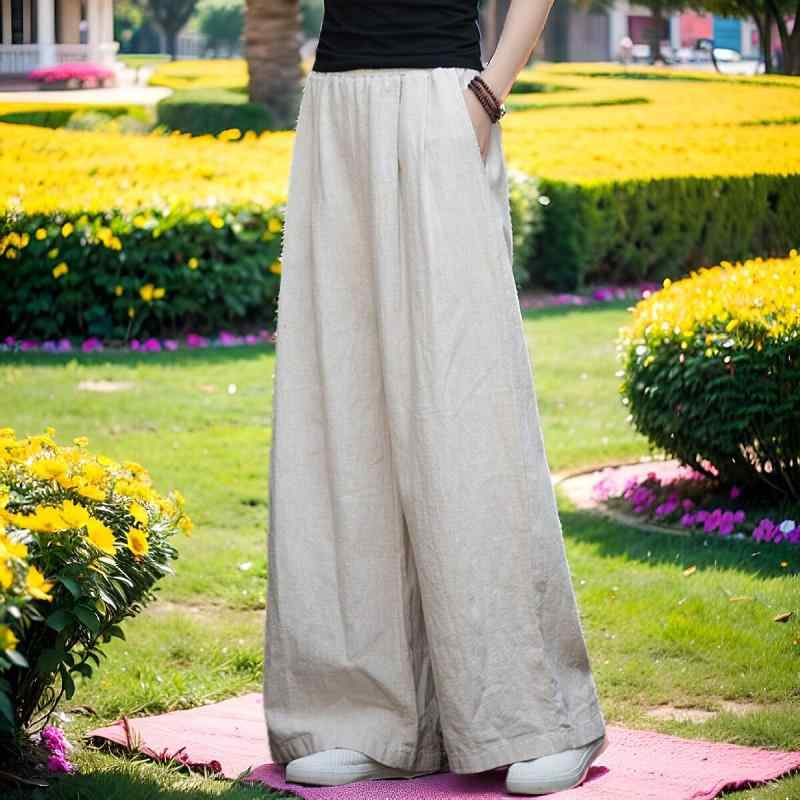 楽ちん 伸縮性 きれいめ ロングパンツ 大人 上品 kireime レディース　パンツ　ワイド 女性用 コットンリネン ワイド レッグ パンツ 春秋 レディース 服 文学 レトロ ラミー サンド ウォッシュ カジュアル