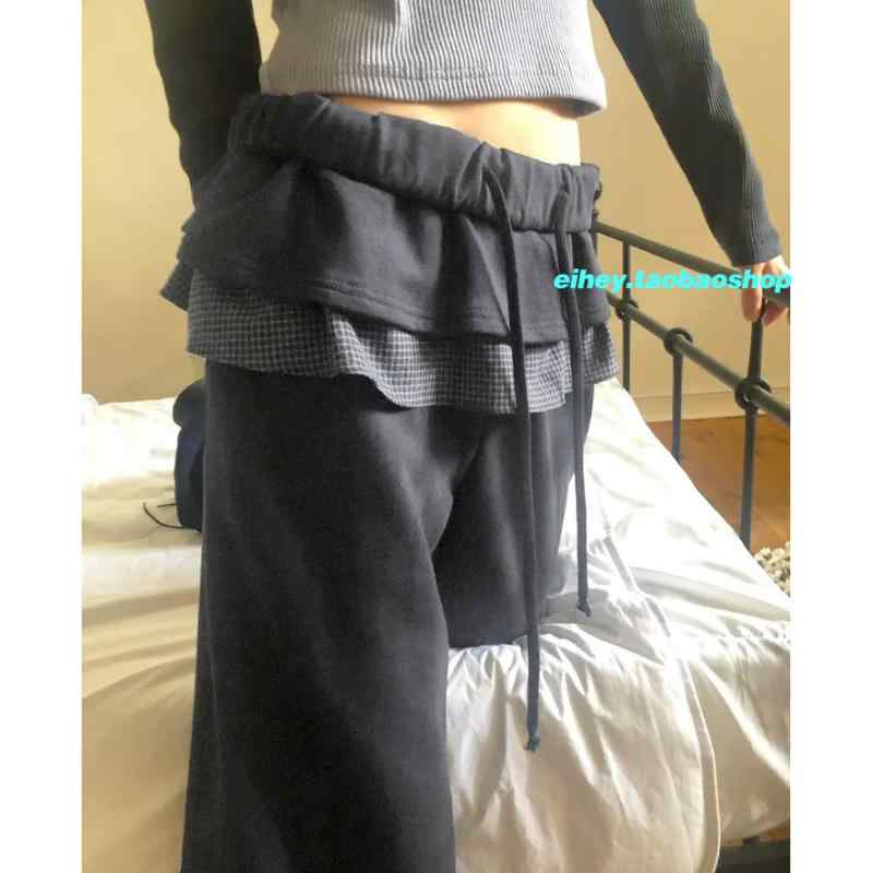 楽ちん 伸縮性 きれいめ ワイド　パンツ　ボトムス eihey 秋冬 かわいい レトロ 和風 チェック 柄 ステッチ レース パンツ レディース カジュアル 万能 スカート