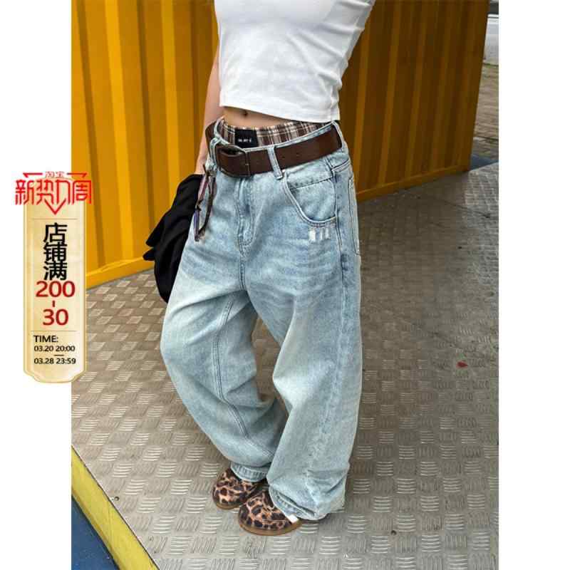 楽ちん 伸縮性 きれいめ ワイド　パンツ　ボトムス CCYE アメリカン レトロ ウォッシュド オールド ストレート ジーンズ メンズと レディース ストリート ワイド レッグ リップ ド カジュアル パンツ