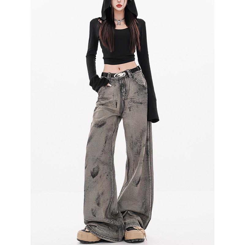 生やさしい 伸縮性 好いたらしいめ 広々とした ズボン下 ボトムス ABWEAR Vector Ru レトロ ウェイストランド 絞り 染め 広々とした レッグ 裏起毛 デニム 秋冬 引っ切り無い ズボン下の 成人女性用