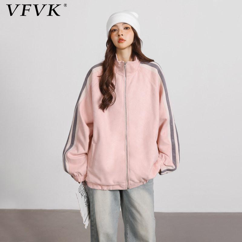 ダブルファスナー パーカー 長袖 運動競技お召しもの フリース トップス ファスナー vfvk アメリカン 縞模様 レトロ スプライシング 上衣 厚地の外套 レディース 2025 年月 肩部 好一対 表現スタイル 照明ランプ色合い いの一番
