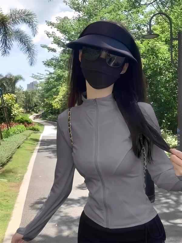 ダブルジッパー パーカー 長袖 スポーツウェア ジッパー　ジャケット　カジュアル グレーの 冷感 日焼け防止 服 女性用 2025夏用 薄手 通気性 速乾 スリムフィット スタンドカラー ヨガ ウェア ジャケット