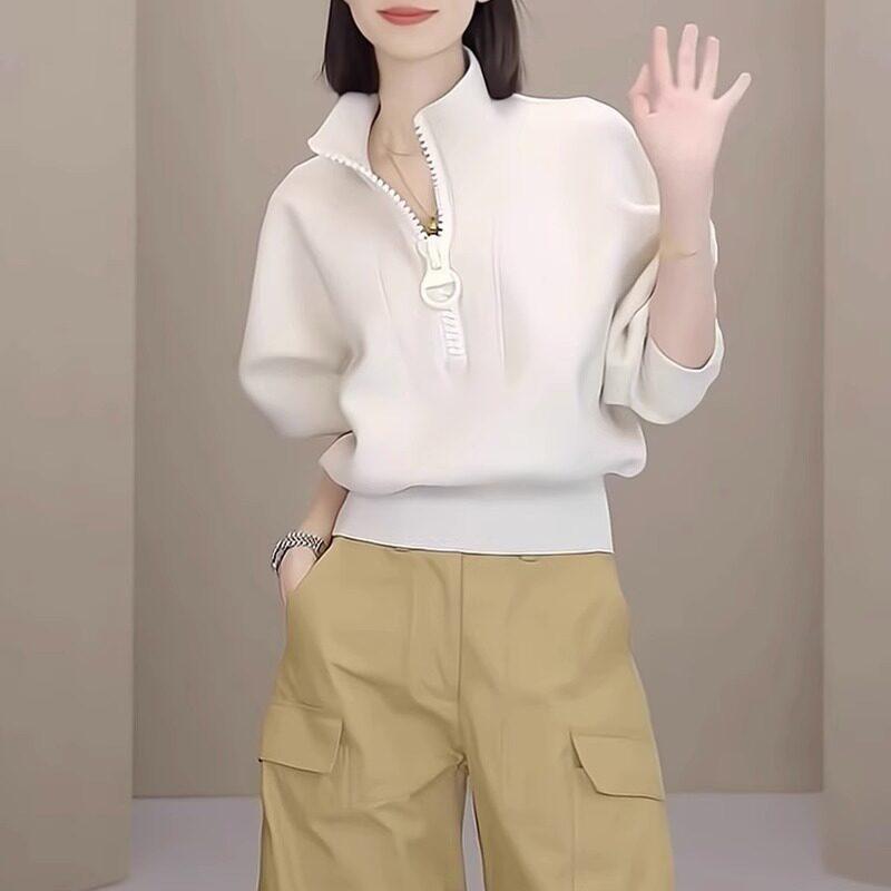 トレーナー フードなし ダブルジッパー フリース　トップス　ジッパー の ハーフ ジップ 裏起毛 スウェットシャツ 女性用 2024 春秋 小さい スタンドカラー ショート トップ ジャケット