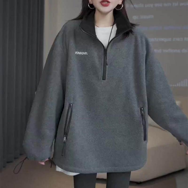 調教師 ボンネットなし ダブルファスナー フリース トップス ファスナー 韓国 二分の一 ファスナー 照明ランプ色合い 長袖 スウェーター レディース 2025 秋冬 フリースジャケット いの一番