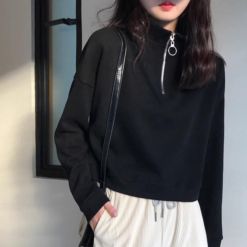 トレーナー フードなし ダブルジッパー パーカー フリース　トップス　ジッパー 春秋 女性用 ブラック ハーフ ジップ ショート スウェットシャツ 高級 アメリカン スタイル ストリート スリム ハイネック スタンドカラー インナートップ