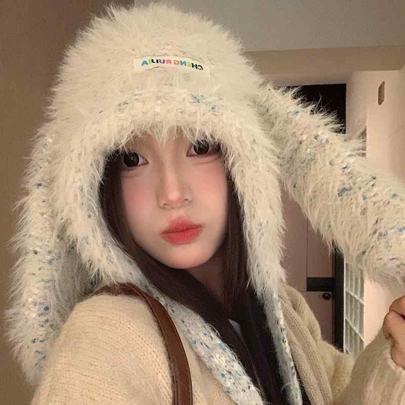 帽子　うさぎ　かわいい ふわふわ かわいい 長い ウサギの 耳の 雷 鋒 帽子 女性 秋冬 暖かい 耳 保護 ウール ニット