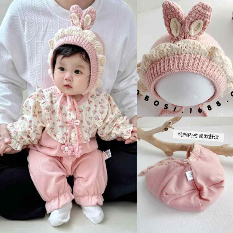 おしゃれ 韓国 かわいい 日焼け防止 帽子　うさぎ耳　かわいい ベビー 帽子 秋冬型 かわいい プリンセス 耳 保護 ウール レース ニット 小さい