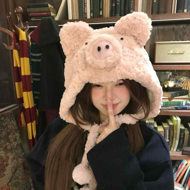 うさぎ耳　帽子　かわいい 陳 哈 毛皮 かわいい 豚 帽子 秋冬 暖かい 防寒 裏起毛 包 頭 厚手 保護
