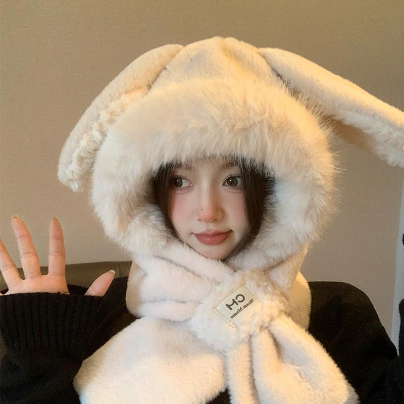 うさぎ耳　帽子　かわいい 2024年 かわいい ウサギの 耳の ぬいぐるみ 帽子 スカーフ ワンピース ツーピース セット 女性用 秋冬 フード付き スカーフで 保温性ます