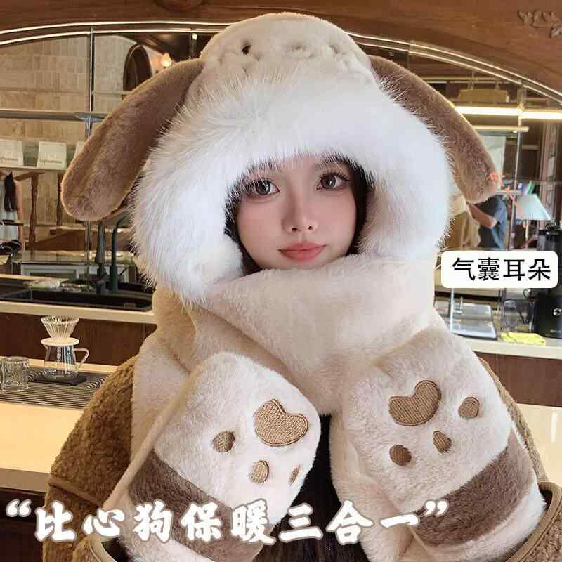 うさぎ耳　帽子　かわいい かわいい 子犬の 耳が 動く 帽子 マフラー 手袋 レディース 秋冬 暖かい 首 ぬいぐるみ 3点 セット