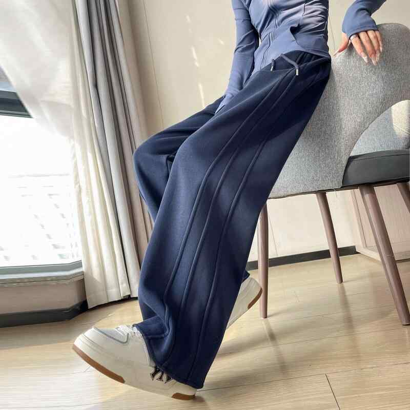 体型カバー 脚長効果 きれいめ レディース　ハイウエスト　パンツ ネイビーブルー ニット バナナ ワイド レッグ パンツ レディース 2025 春 ハイウエスト スリム サイドステッチ カジュアル ストレート｜バランスケア　店