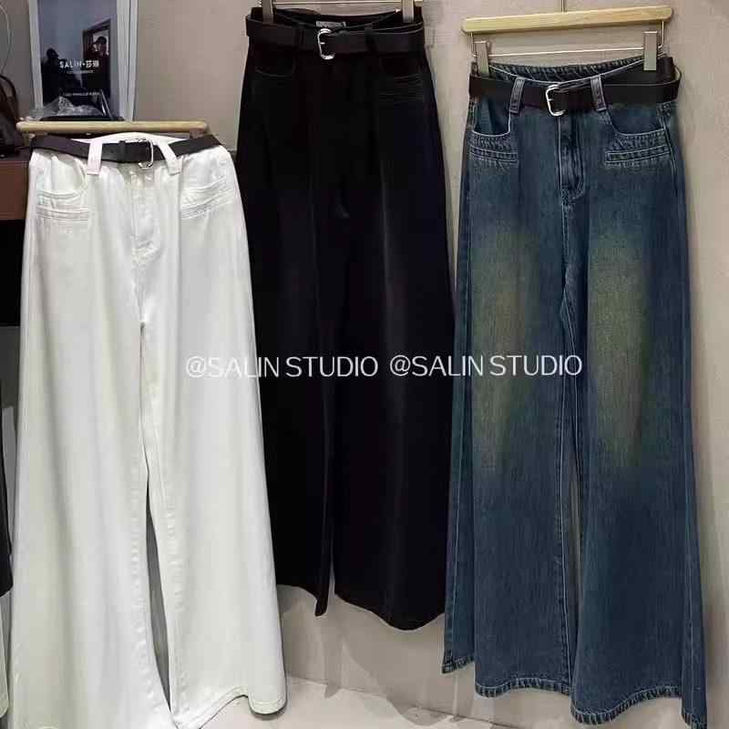 体型カバー 脚長効果 きれいめ レディース　ハイウエスト　パンツ SALIN シャリンの 万能な 起毛 フロア レングス ワイド レッグ パンツ 2025 春 ハイウエスト スリム シンプル ジーンズ レディース