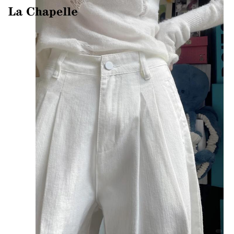 体型カバー 脚長効果 きれいめ La Chapelle ホワイト ハイウエスト プリーツ ワイド レッグ ジーンズ レディース 春秋 2025 ドレープ ストレート パンツ