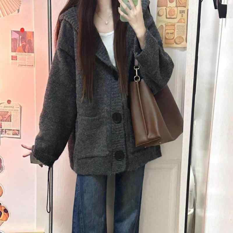 心地好い 厚地の外套大きさ 分かりやすい 長袖 パーカー ボンネット付き添い人 編み物 朦々たる ボンネット付き添い人 シングル前胸部 ジレー スウェーター 成人女性用 春 韓国 編み物 上衣