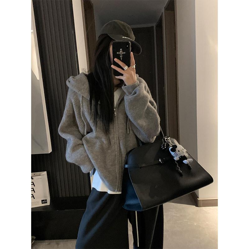カジュアル オーバーサイズ シンプル 長袖 パーカー　フード付き　ニット YOLOSHOP スタッキング 20 韓国 フード付き セーターと スタイル ニットカーディガン ジッパー ジャケット｜バランスケア　店