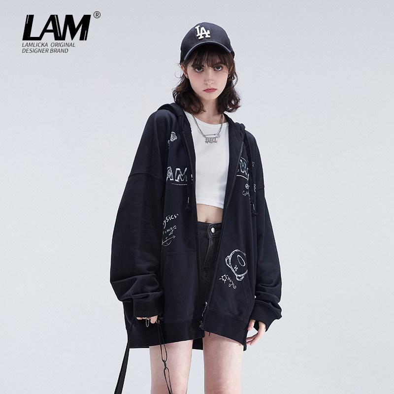 トップス レディース カジュアル 無地 柔らか素材 ゆったり パーカー　フード付き　ニット LAMLICKA アメリカン シック セーター フード付き カーディガン オーバー サイズ カップル 春秋 ジッパー ジャケット｜バランスケア　店