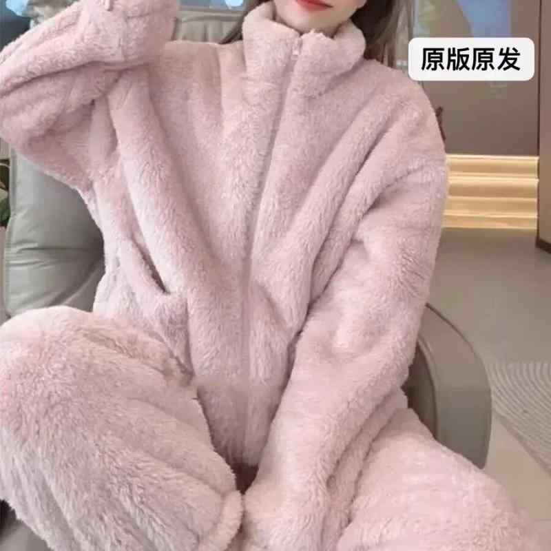 部屋着 オシャレ かわいい レディース　パジャマ　スウェット　上下 両面 北極 ベルベット 冬 ホーム 服 暖かい スーツ パジャマ 女性 2024 ジッパー 長袖 厚手