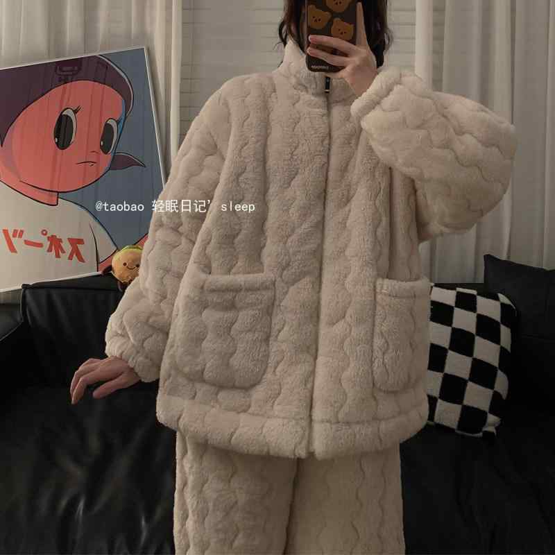 ストレッチ ビッグシルエット オーバーサイズ レディース パジャマ スウェット 上下 冬用 3 層 キルティング パジャマ 女性用 白 裏起毛 厚手 暖かい コーラル フリース シンプル カップル ホームウェア スーツ 男性用