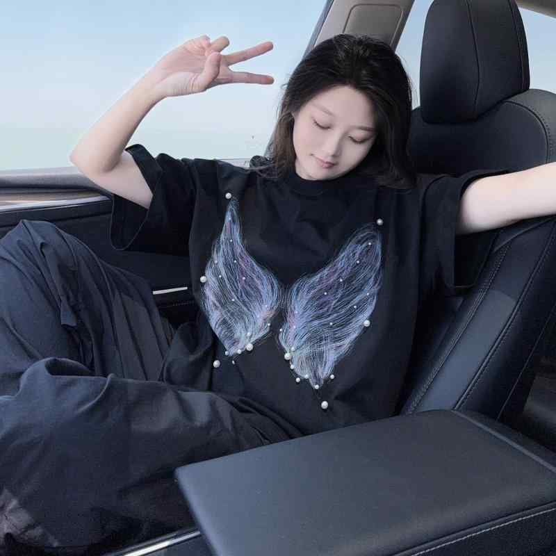 半袖ストリート カジュアル スポーティ Tシャツ レディース かわいい DYXY アメリカン ストリート グラフィティ バタフライ パール ラウンドネック 半袖 Tシャツ 2024 夏