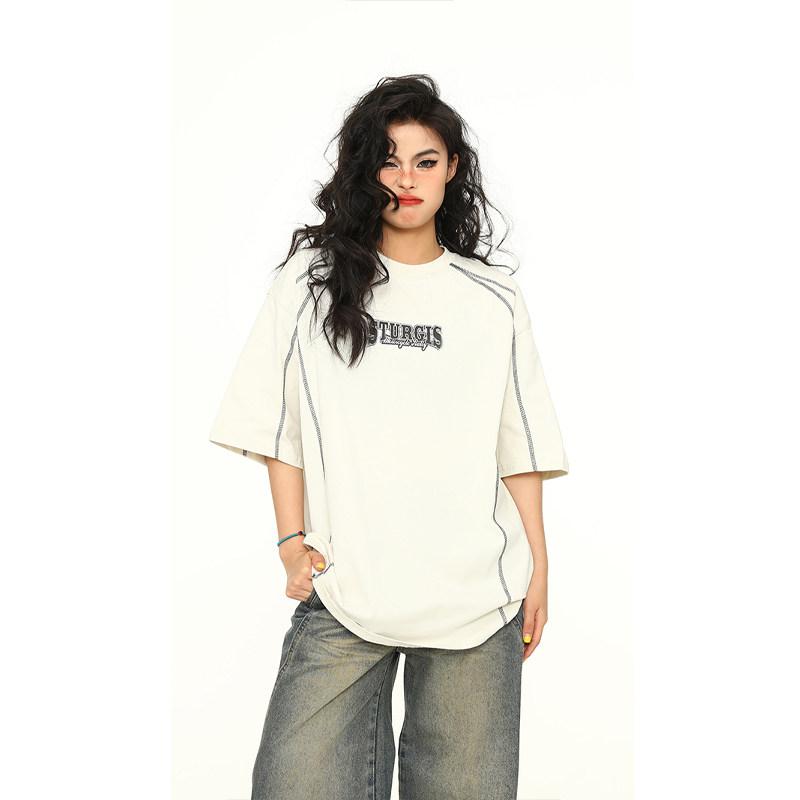半袖ストリート カジュアル スポーティ 　Tシャツ　レディース　かわいい アジ レター アメリカン レトロ ハイエンド 半袖 Tシャツ 男女兼用 リバースカット
