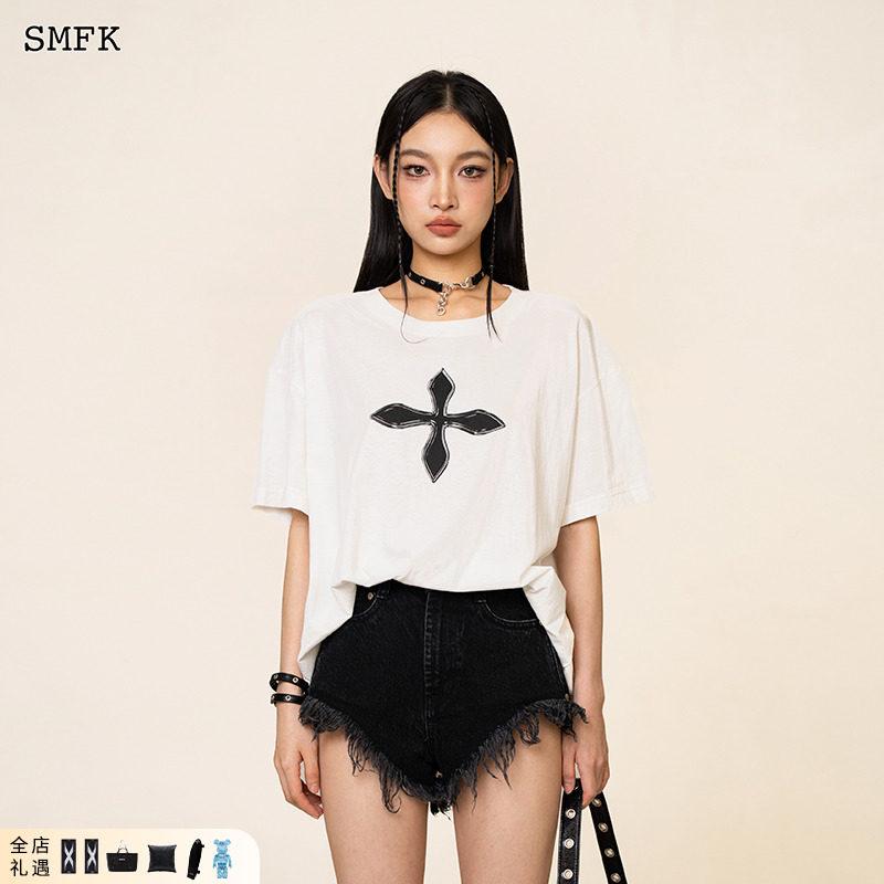 半袖ストリート カジュアル スポーティ 　Tシャツ　レディース　かわいい SMFK ドリーム クロス レトロ ワイドボディ Tシャツ CT 001 W / B リン イートン 半袖 夏