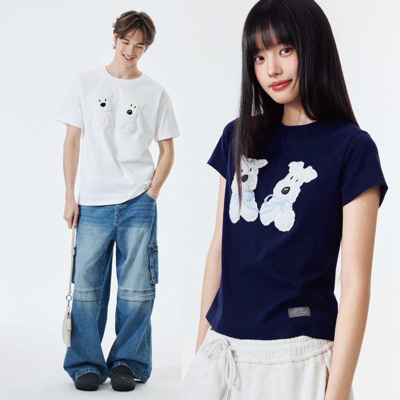 半袖ストリート カジュアル スポーティ 　Tシャツ　メンズ　おしゃれ PSO カップル ニット かわいい パッチ 刺繍 子犬 半袖 メンズ 夏 ストレート ショルダー Tシャツ レディース 綿