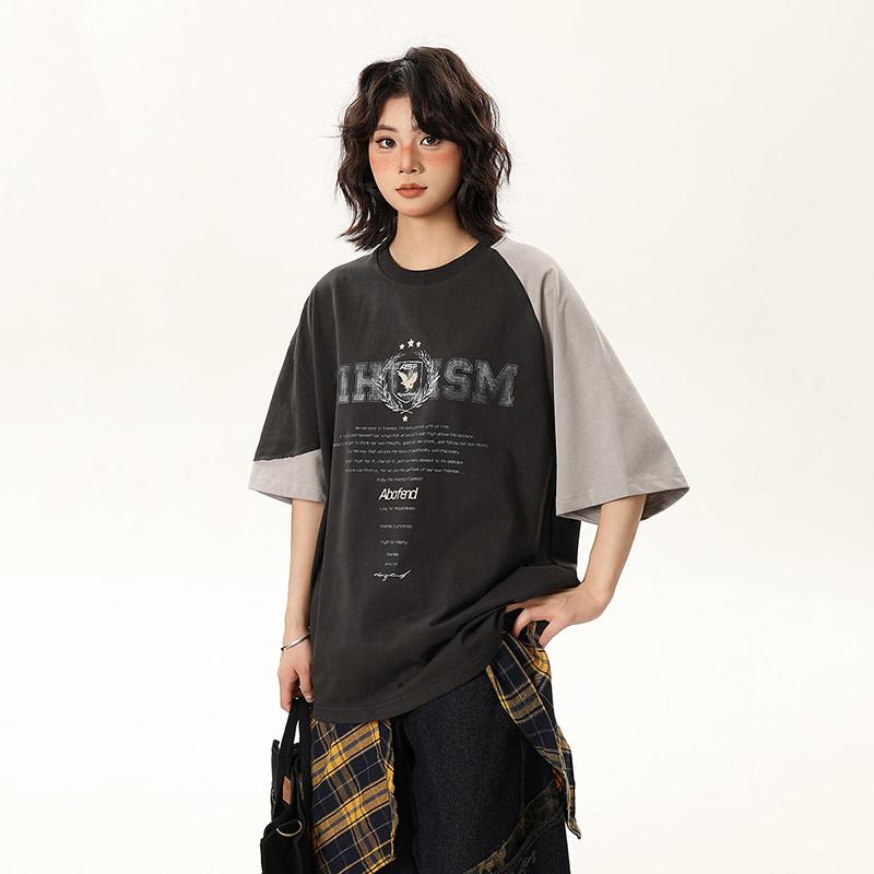 半袖ストリート カジュアル スポーティ 　Tシャツ　レディース　かわいい BOEAXの アメリカン ストリート 配色 半袖 Tシャツ 女性 2025夏 5点 トップス