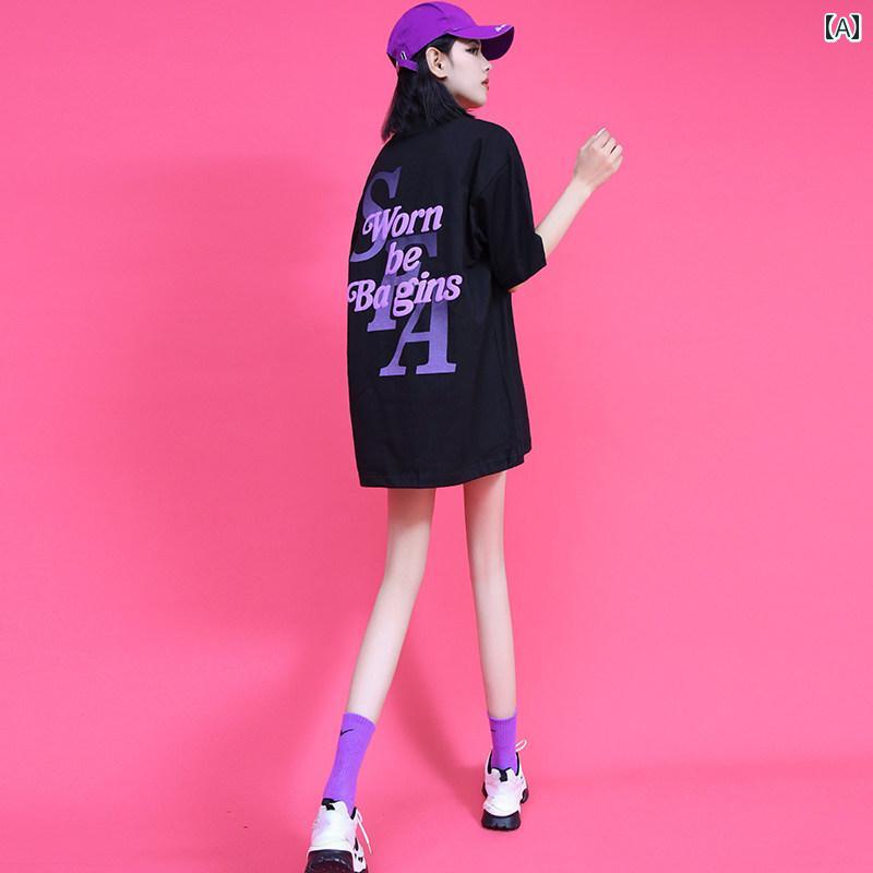 Tシャツ シャツ シンプル ミドル 丈の ゆったり 半袖 Tシャツ 女性用 夏の プリント カップルの ラウンドネック イン