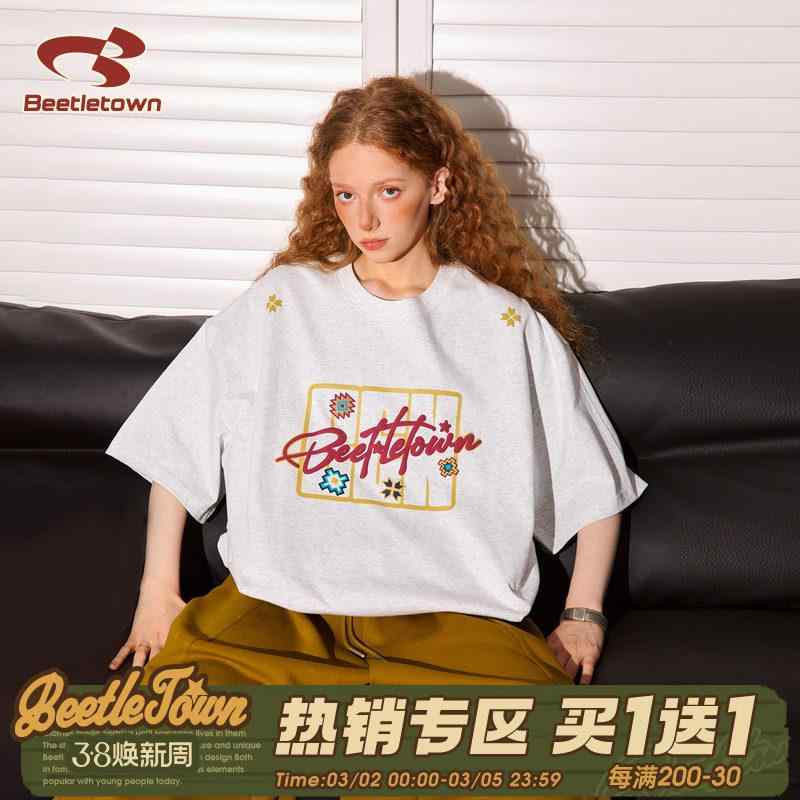 半袖 厚手 ストリート ゆったりサイズ 　Tシャツ　メンズ　おしゃれ BEETLE TOWN アメリカン レトロ プリント 半袖 Tシャツ 夏 100 % 綿 ゆったり