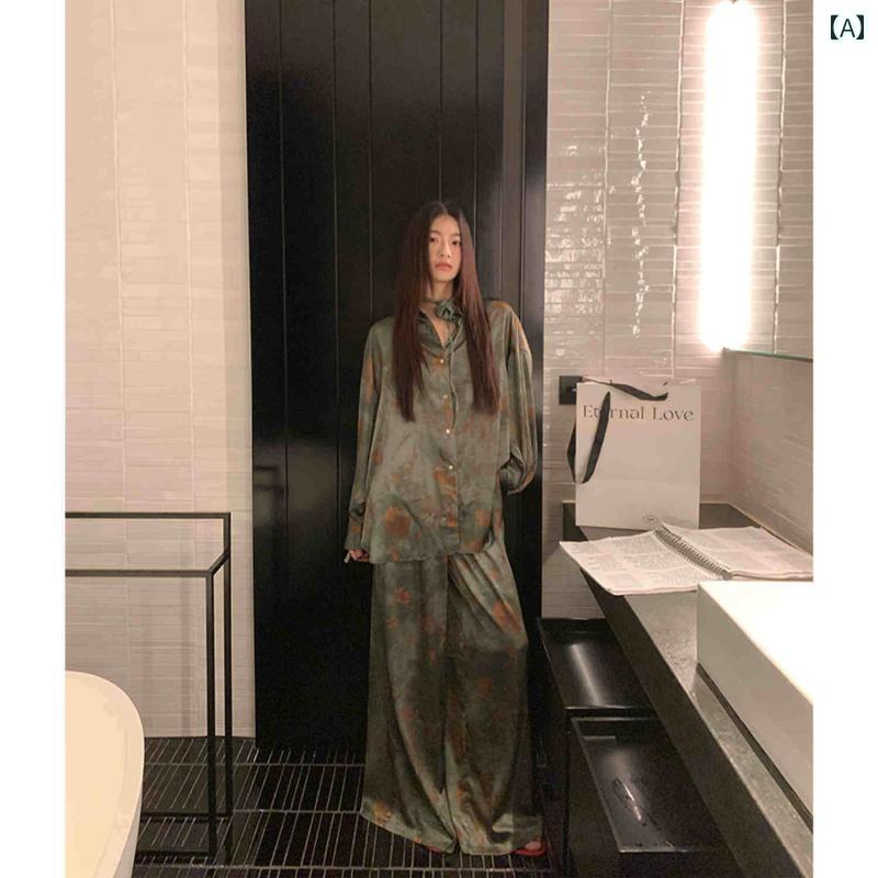 ルームウェア レディース 韓国 高級 プリント 冷感 パジャマ 女性 春秋 2024 カップル カーディガン ズボン ホームウェア スーツ