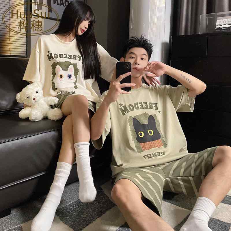 ルームウェア 肌に優しい 暖かい 　パジャマ　レディース　上下 ストライプ カップル パジャマ 男の子 女の子 かわいい スーツ 夏 綿 薄手 丸 首 半袖 ホームウェア アウターウェア