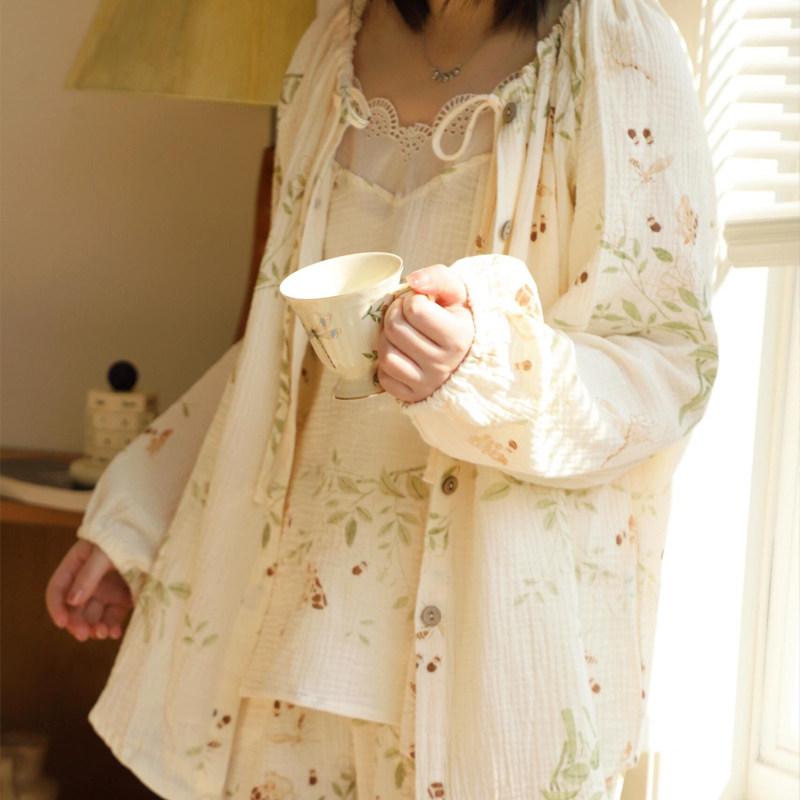 華やか かわいい 着心地 肌触り 　パジャマ　レディース　上下 2024 春秋 薄手 コットン パジャマ レディース 長袖 ズボン サスペンダー ゆったり 夏 ホーム 服 スリーピーススーツ