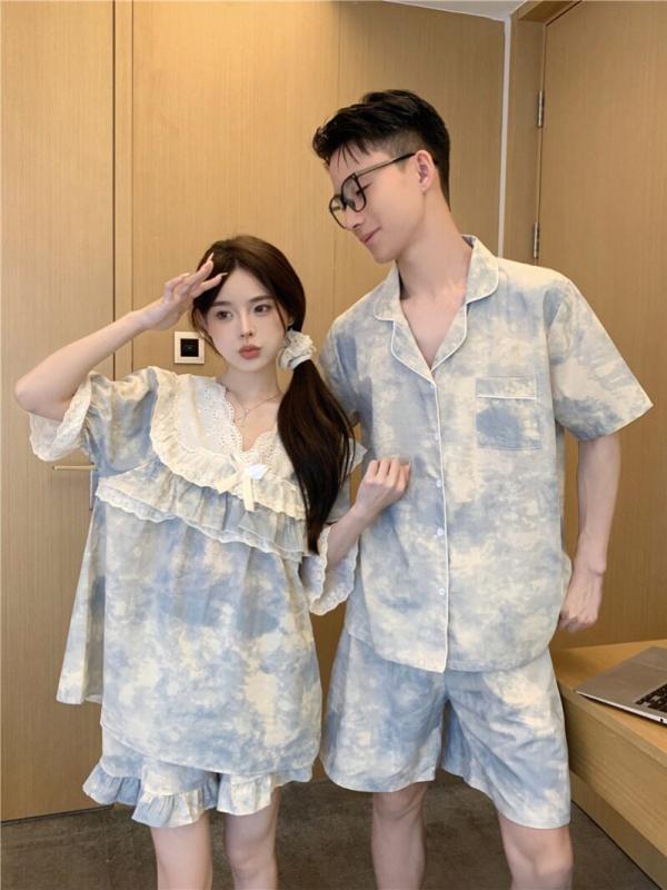 華やか かわいい 着心地 肌触り 　パジャマ　レディース　上下 カップル パジャマ 夏 2025 男 一人 女 ブルー 絞り 染め 半袖 ツーピース スーツ 家 着 アウター 薄手