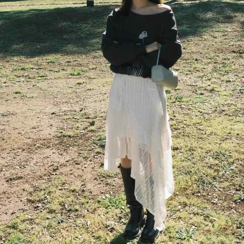 スカート レディース 夏 アシンメトリー レース ミディ丈 フリル裾 軽量 通気性 レイヤード ゆったり 個性派 カジュアル