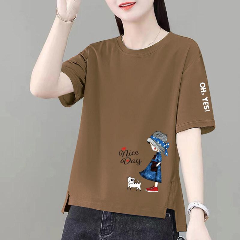 ラウンドネック コットン 夏 ゆったり シンプル 　レディース　Tシャツ　ゆったり コットン ブラウン Tシャツ レディース 半袖 2025 夏 ゆったり 大きいサイズ スリムトップス