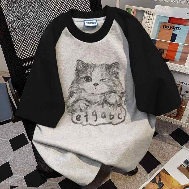 ラウンドネック コットン 夏 ゆったり シンプル おしゃれ 　レディース　Tシャツ　半袖 大きめ サイズ 300 ジン ヘビー コットン パッチワーク 半袖 Tシャツ 男女兼用 夏 ゆったり 猫 ラグランスリーブ トップ