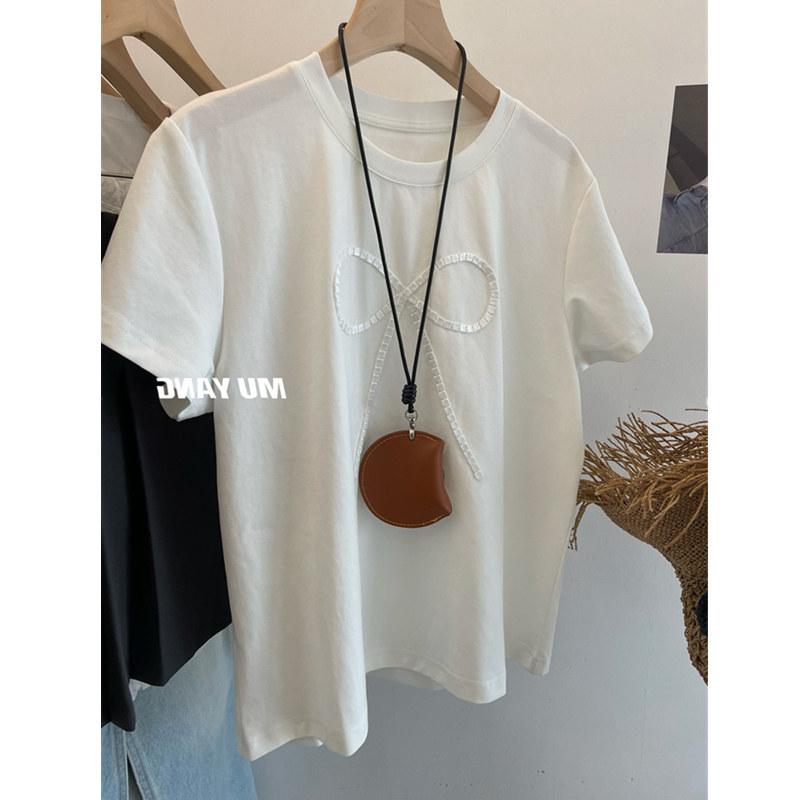 ラウンドネック コットン 夏 ゆったり シンプル おしゃれ 　レディース　Tシャツ　半袖 特大 サイズ 300 斤 手縫い リボン 半袖 Tシャツ 太った 女性用 2 色 ラウンドネック トップ