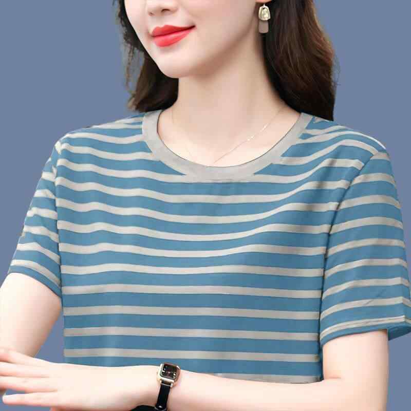 ラウンドネック コットン 夏 ゆったり シンプル おしゃれ 　Tシャツ　大きいサイズ ブランド 綿 半袖 Tシャツ レディース 夏用 大きいサイズ ゆったり カジュアル ラウンドネック ストライプ 多 用途 太い mm