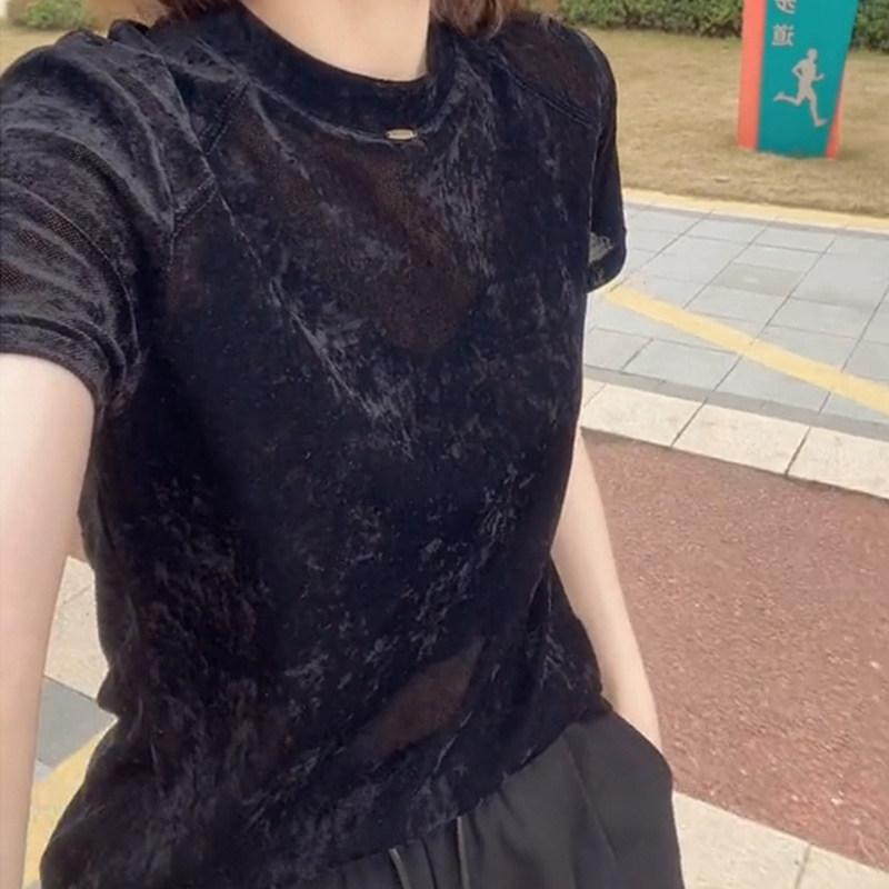 ラウンド素っ首 綿織物 夏 ゆったり 分かりやすい 今めかしい  レディース プルオーバー 半袖 MISS 馬鹿でかい大きさ 黒 丸 首 プルオーバー 成人女性 2025 夏 表現スタイル 今めかしい 全能 か細い 氷 花 天鵞絨 半袖