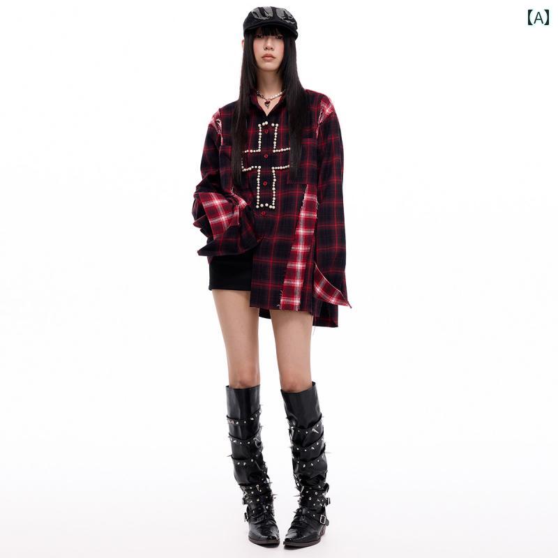 レディース シャツ チェック SUMIYAKI 27の秋冬クロス柄のパールチェック柄シャツ風のロングスリーブトップス。｜バランスケア　店
