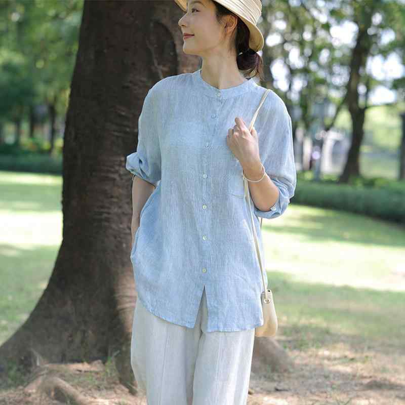 綿麻 着痩せ 体型カバー カジュアル レディース　　シャツ　トップス Bunong 芸術的な レトロ 糸 染め リネン 長袖 シャツ レディース ゆったり 春夏 スタンドカラー カジュアル｜バランスケア　店