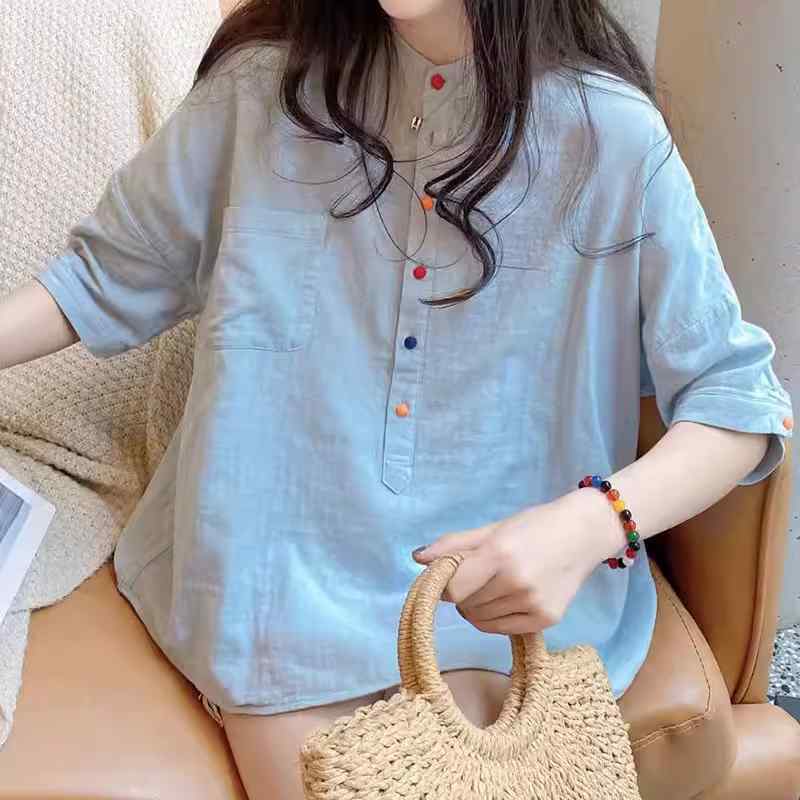 綿麻 着痩せ 体型カバー カジュアル レディース シャツ トップス の コットンと リネンの 半袖 シャツ 女性用 2025 夏の ファッション ゆったり ラミー リネン ベビー ドール トップ|バランスケア 店