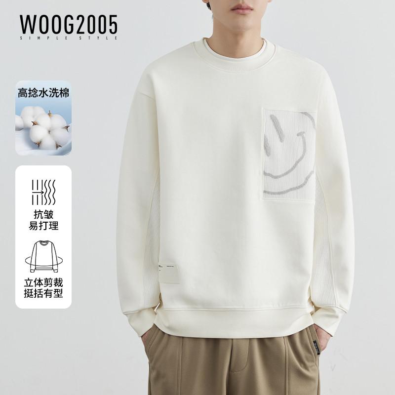 好いたらしいめ 刺しゅう 成年者 心地よい 女子らしい メンズ レディース 刺しゅう WOOG2005の真っ白い含み笑いの刺しゅうが施ラウンドのど頚のトレーナー成人男性用2025春秋場に至適な伸び伸びするした相応うのロング衣手いの一番です。