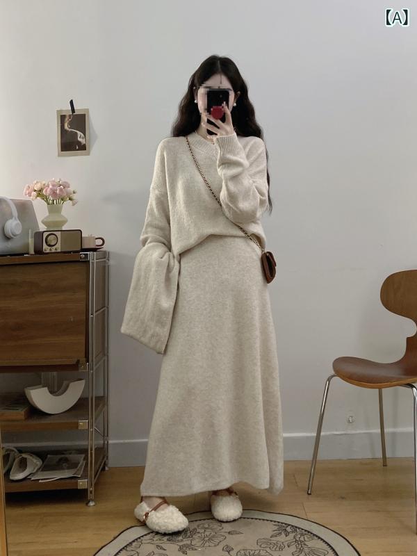 編み物セットアップ 長袖 好いたらしいめ 格好のいい な 風の えり巻きの プルオーバーの 半身の スコートの 背広 レディース 秋冬 途轍も無い大きさ 太っている 妹の 韓 系のは やせている 2つの 仕かけるの 潮を 現します。