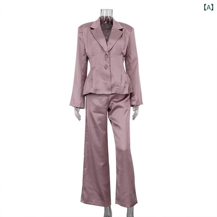 レディース ツープリーツワイドレッグパンツ エレガント 上品 と アメリカでの 女性用 高級 通勤 スーツ プリーツ ウエスト スーツ トップ ゆったり ズボンの 2点 セット｜バランスケア　店
