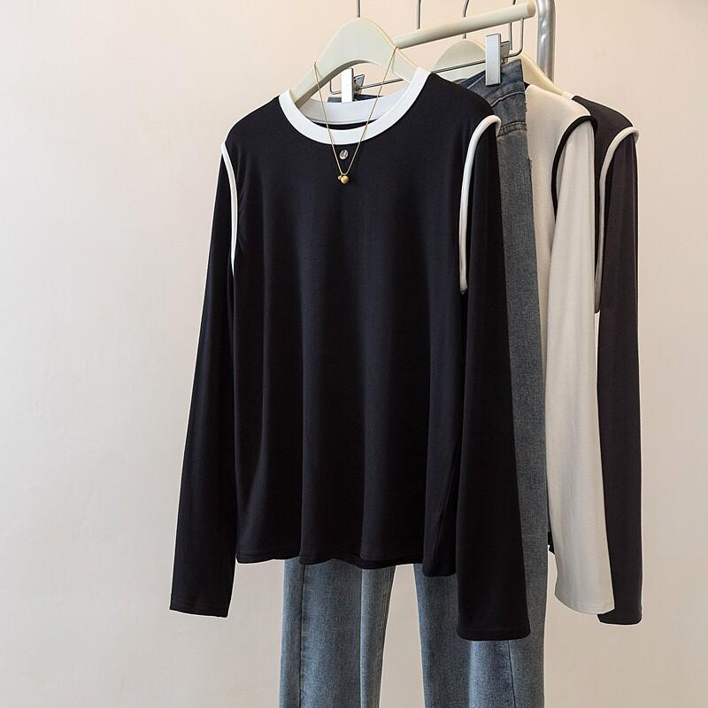Tシャツ レディース 長袖 ブラック ゆったり 大きめ 春 お腹カバー インナー トップス デザイン ストレートショルダー リラックスフィット 普段使い