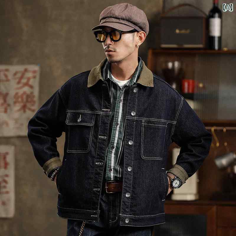 体型カバー ゆったり ボリューム袖 デニムジャケット Ｇジャン デニム アメリカン ヘビーウェイト レトロ デニム ウォッシュデニム ジャケット メンズ 秋 カラー ブロック カジュアル ワークウェア アウター｜バランスケア　店
